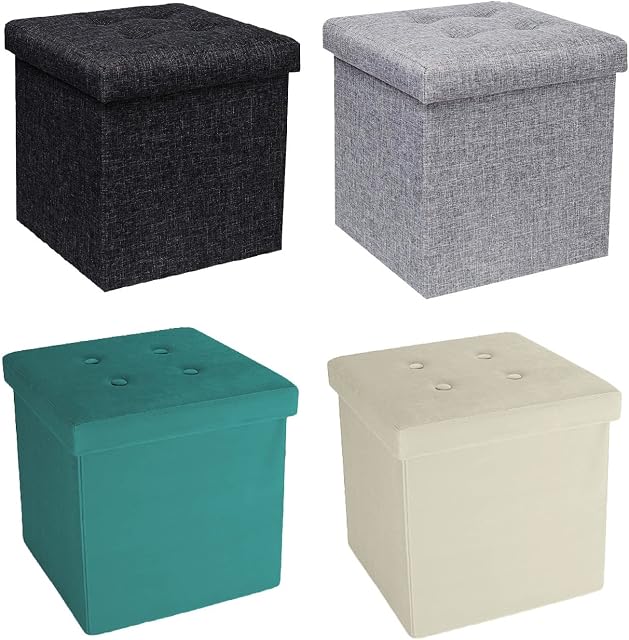 A406 Folding Ottoman Storage Box with Lids Pouffe Seat Stool Foot stool Storage Unit Bench Foot Rest Stool 38cm Grey Black Beige Green (Beige-Velvet)