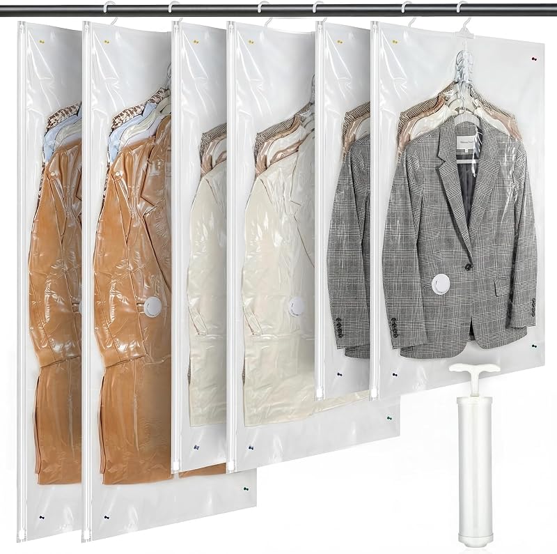 7 Pack Hanging Vacuum Storage Bags for Clothing Compression Bags with Hand Pump Clear Reusable Hanging Vacuum Seal Storage for Coats Closet Organizer (2 Long 2 Medium 2 Short)