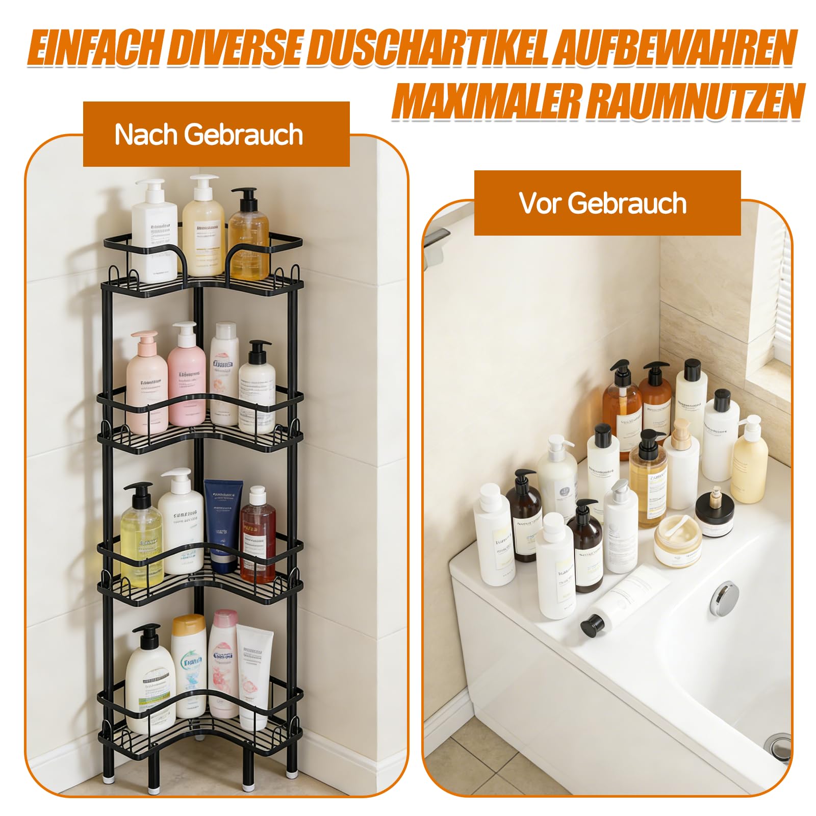 Teleskop Duschregal, 4-Tier Teleskopregal Bad Eckregal mit 16 Haken, Duschablage Ohne Bohren Höhe 107 cm, Schwarz Eckregal mit Verstellbare Fußpolster für Badezimmer