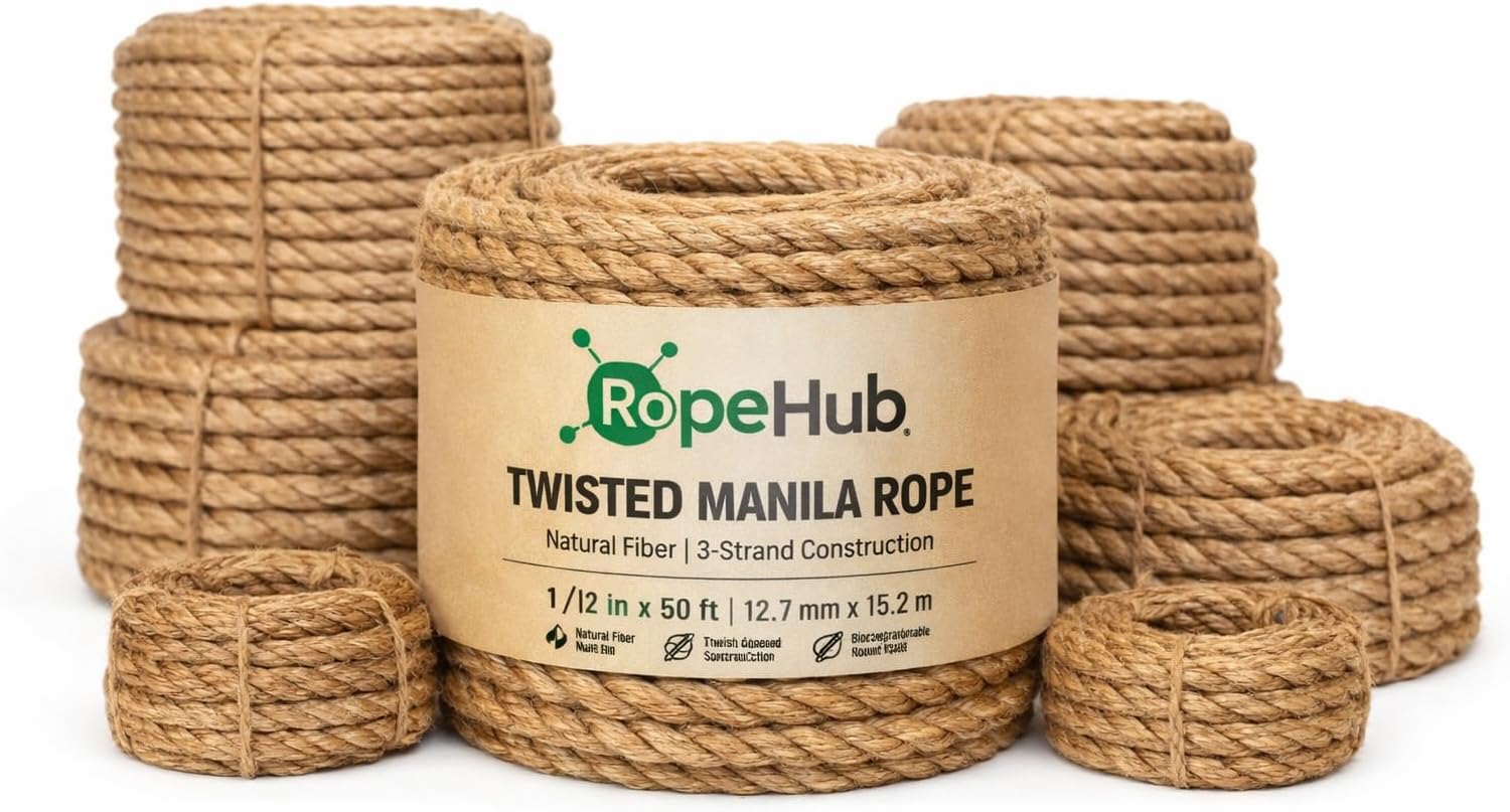 Twisted Manila Rope, Natural 3-Strand Fiber Rope for Landscaping, Decor, Railings, DIY Projects & Utility Use, Rustic for Indoor & Outdoor Applications - 1/2 in x 10 ft