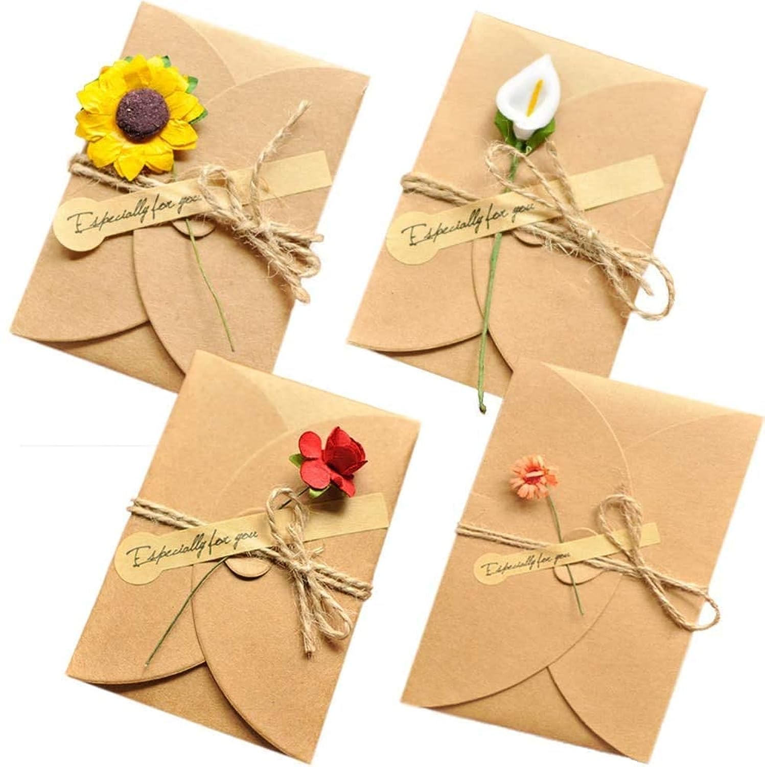 4 Pack Flower Pattern Thank You Card Handmade Invitation Greeting Card Wish Card for Wedding Birthday Festival