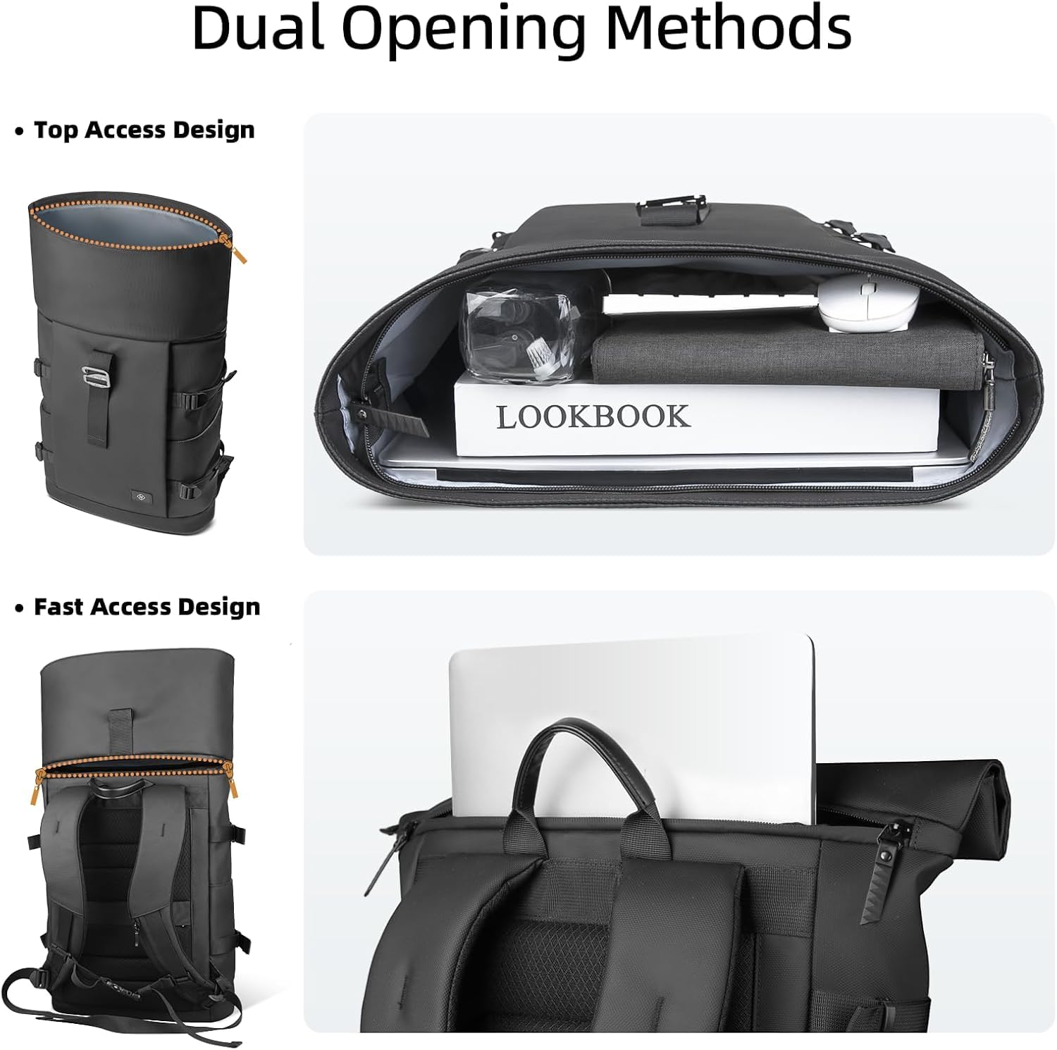 hk Rolltop Rucksack Herren Damen 15,6 Zoll Laptop Rucksack | Wasserdicht Groß Reiserucksack, Diebstahlsicherer Tagesrucksack Rolltop Backpack für Reise Outdoor Uni Arbeit Radfahren