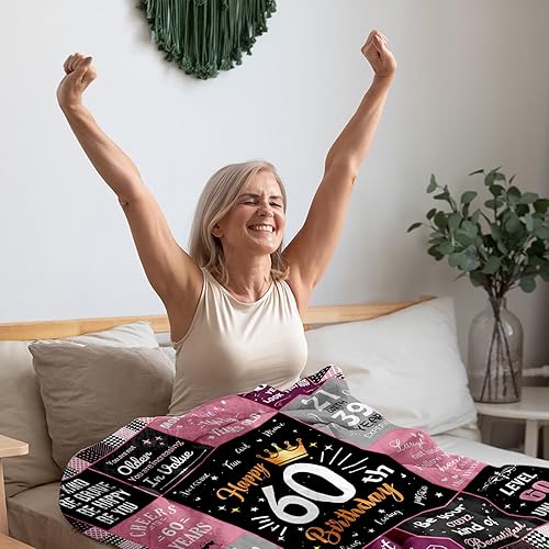 Miniatura 5 de Regalos de cumpleaños número 60 para mujeres, manta de forro polar única de feliz cumpleaños de 50 x 60 pulgadas, regalos divertidos de decoraciones