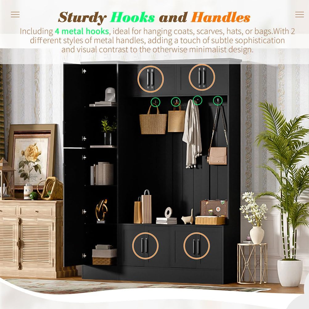Entryway Hall Tree with Bench, Coat Rack & Storage Cabinets, Modern Hallway Organizer with 4 Hooks, Adjustable Shelves, and Shoe Storage, Wood Mudroom Furniture, 59''W × 15.7''D × 79''H,Black
