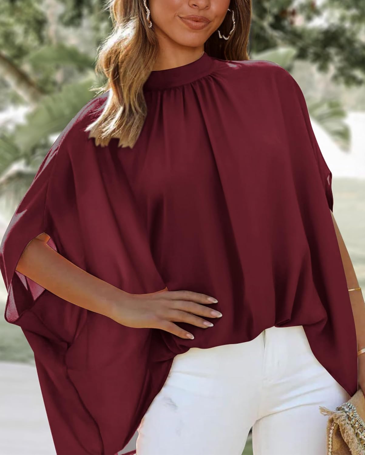BTFBM Womens Summer Tops 2026 Mock Neck Batwing Sleeve Silk Satin Shirts Loose Oversized Dressy Casual Spring Blouses - Image 3