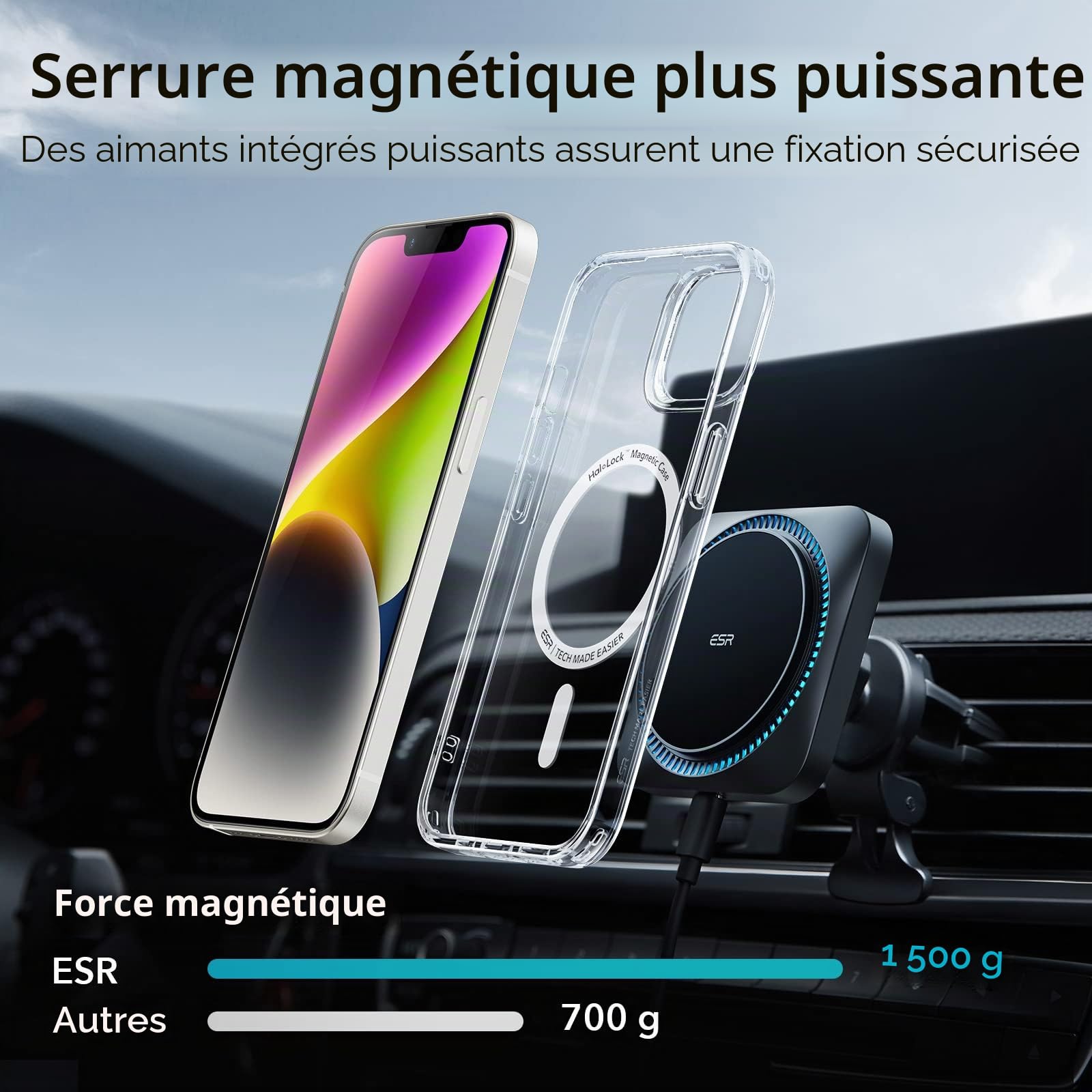 ESR Coque Magnétique pour iPhone 14/iPhone 13, Compatible avec MagSafe, Hybrid Coque pour iPhone 14/13 avec HaloLock, Protection Antichoc Militaire, Dos Anti Rayures, Transparent