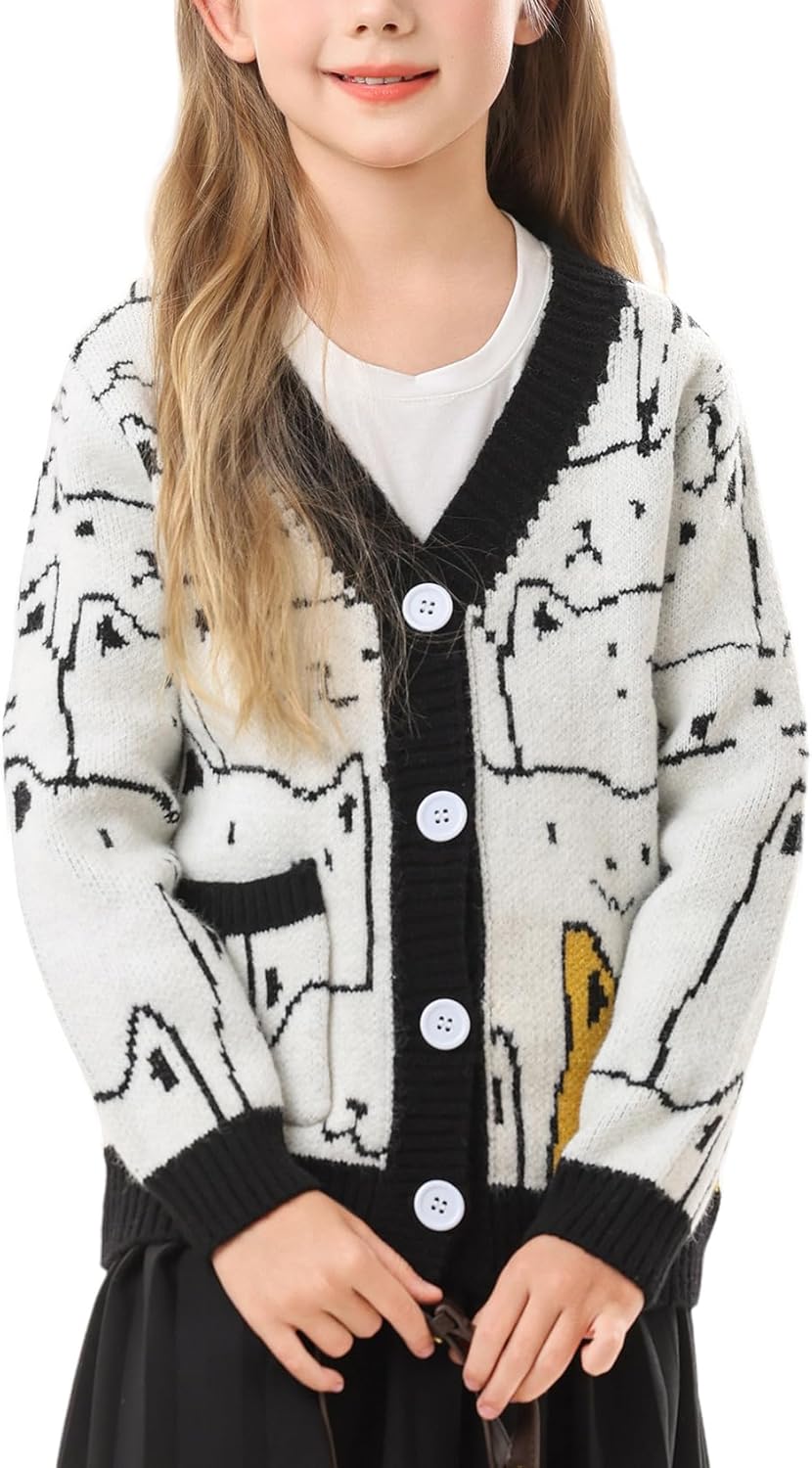 Arssm Girls Cat Print Cardigan Sweater Cute V-Neck Button Down Knitted Kawaii Cartoon Sweaters Oversized Outerwear