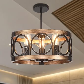 Light Fixtures Ceiling Mount,3-Lights Semi Flush Mount Ceiling Light Fixture,15.7" Black Dining Room Chandelier Rustic Drum Chandelier Pendant Light Fixture with Wood Grain Finish for Kitchen