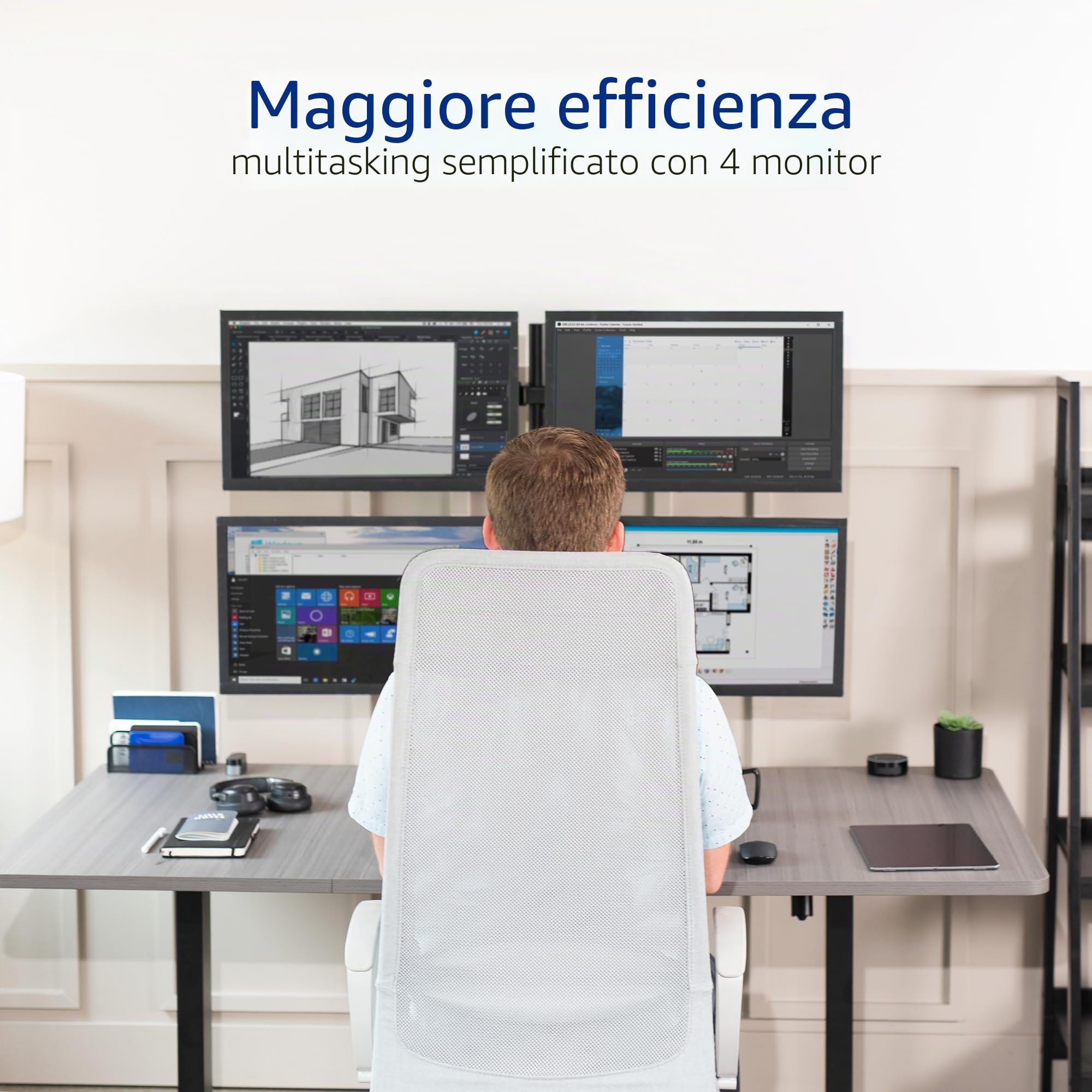 VIVO STAND-V004F - Supporto da tavolo per monitor Quad da 13 a 30", completamente regolabile, può contenere 4 schermi piatti o curvi