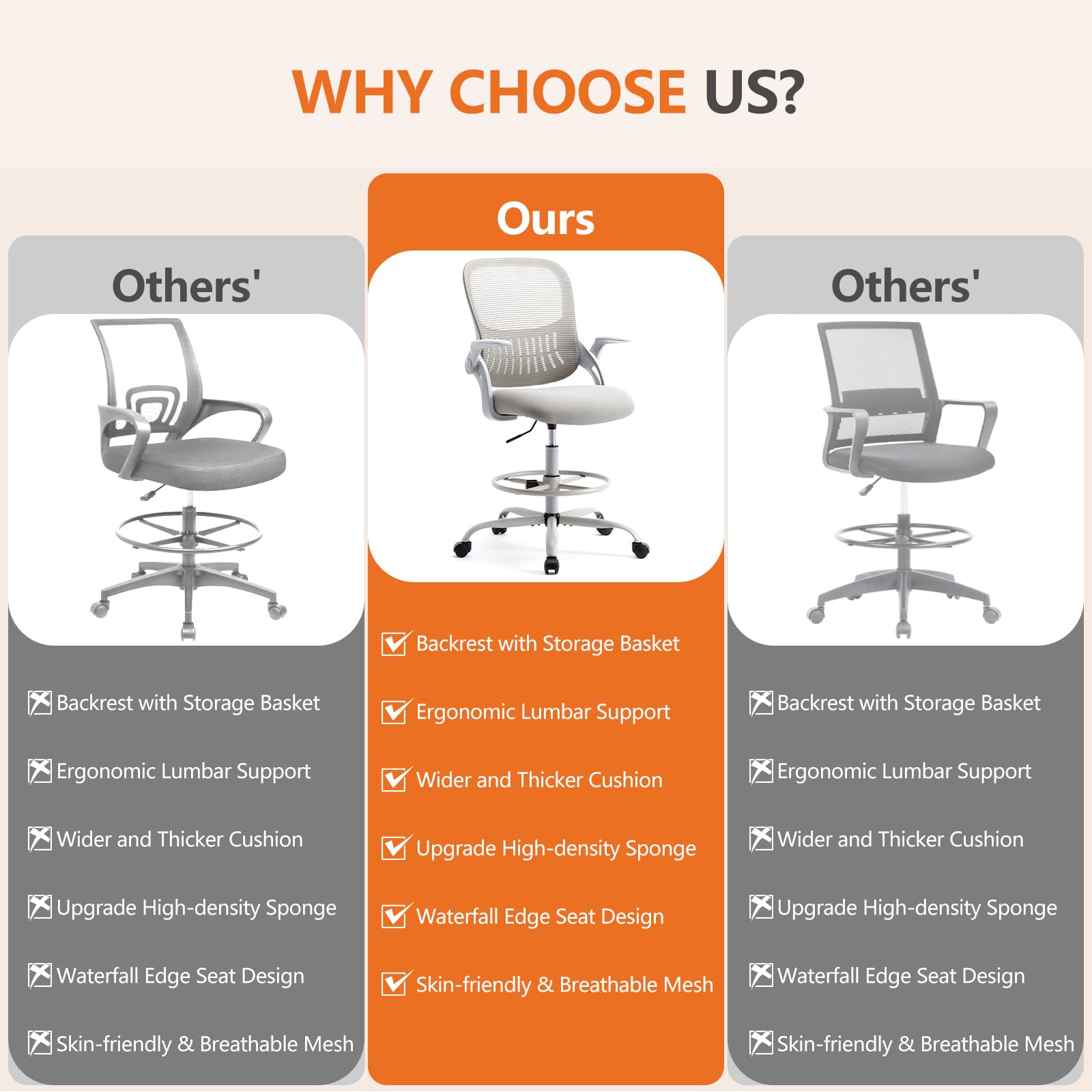 DUMOS Drafting Chair for Standing Desk Counter Height Adjustable Flip-up Arms Ergonomic Mid Back Mesh Rolling Work Swivel — view 8