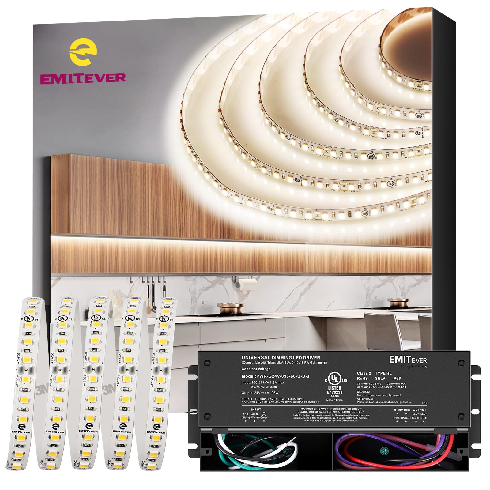 EMITEVER LED Strip Lights 4000K, UL 24V LED Tape Light Neutral White, Ra 95+, IP30, 16.4ft, 2.9W/ft, 240+Lumens/ft, 600LEDS/Spool, UL Listed 5 Year Warranty+96W Dimming Led Driver
