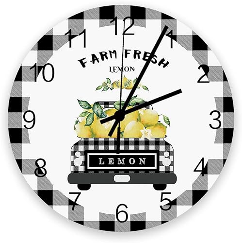 Reloj de pared redondo de madera de 12.0in, silencioso funciona con pilas, no se hace tirar, negro gris búfalo a cuadros granja camión llevar