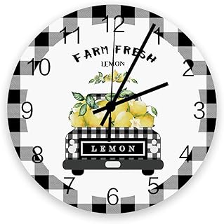 Wooden Round Wall Clock 12' Silent Battery Operated Non Ticking Clock, Black Grey Buffalo Plaid Farm Truck Carry Lemons Noiseless Office Kitchen Bedroom Wall Clock Home Decor