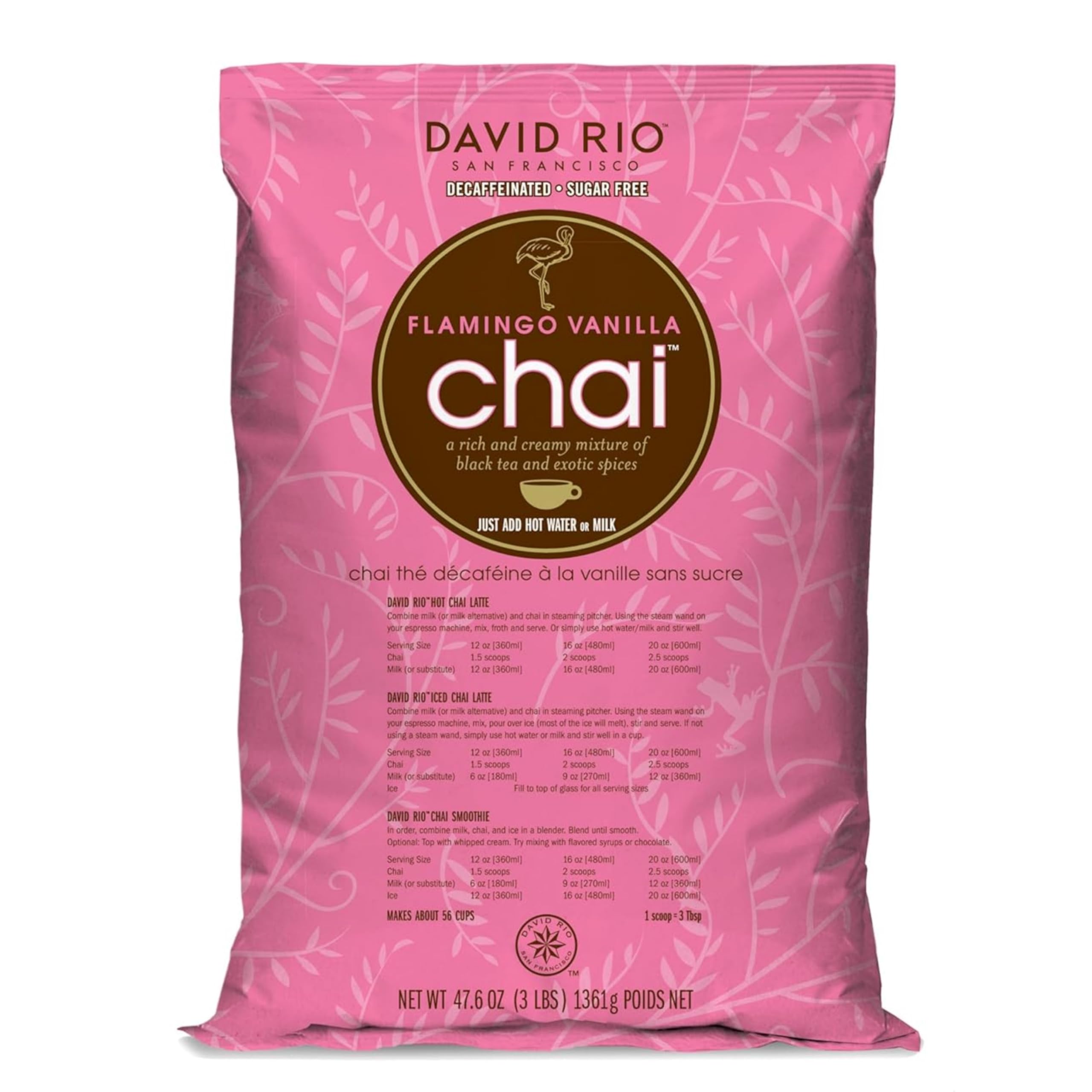 Flamingo Vanilla Decaffeinated Reduced Calorie Chai Tea Latte Mix, 48 Oz, Decaf Black Tea, Organic Spices, Sugar Free, Dairy Free, Serve Hot or Cold, Just Add Water or Milk, 56 Servings