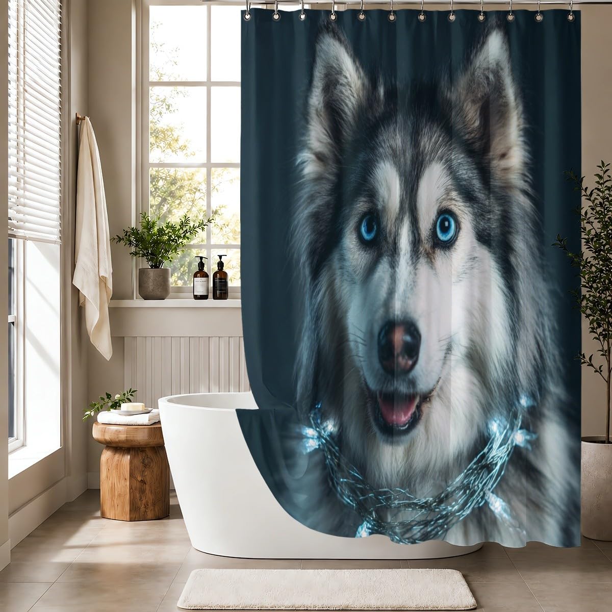 Cane Animale Tenda da Doccia 240x200 cm Poliestere Antimuffa e Lavabile | Carino Fantasia Husky Impermeabile Facile da Pulire Asciugatura Rapida per Vasca da Bagno e Box Doccia