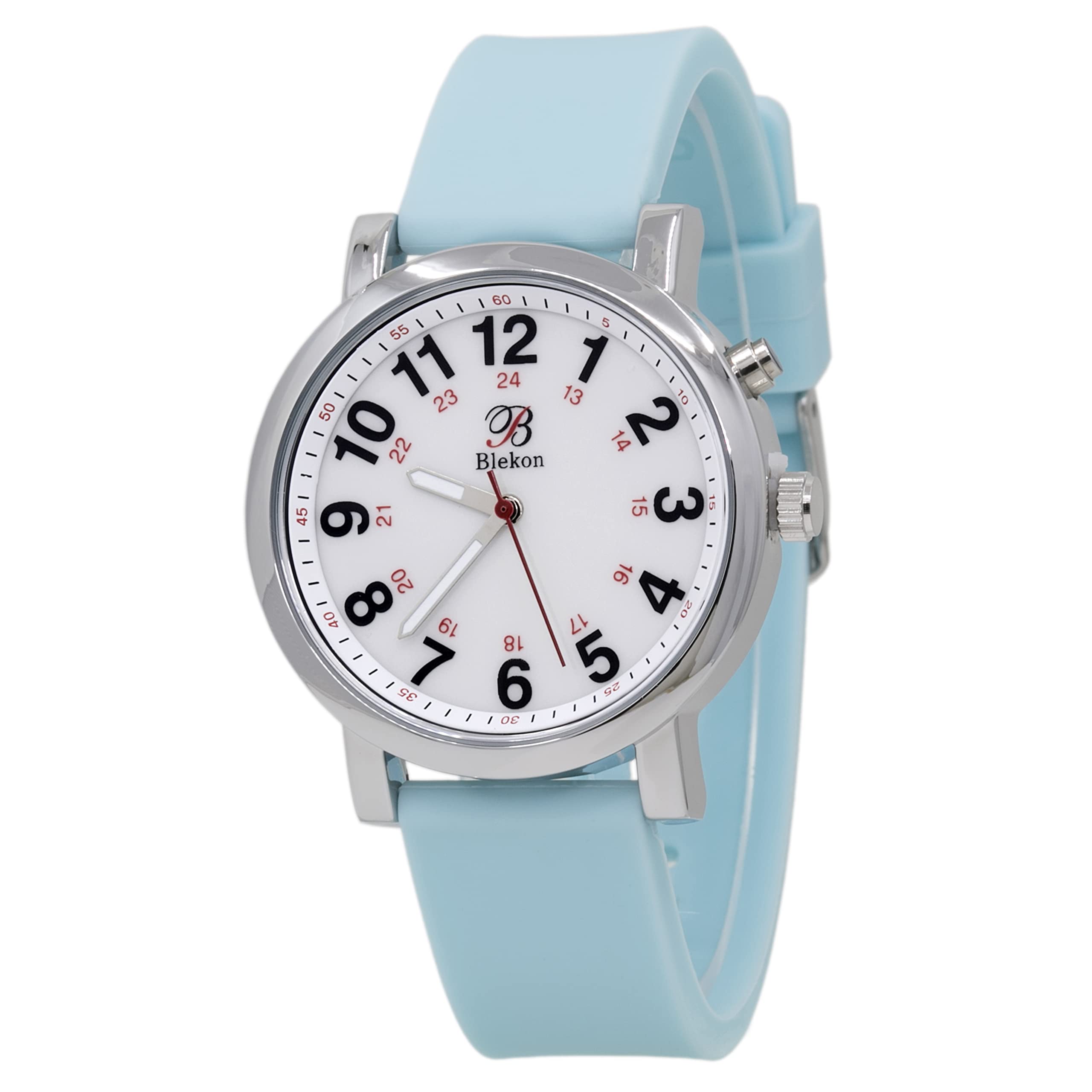 Blekon Original Light Up Dial Nurse Watch – Various Medical Scrub Colors, Easy to Read, Military Time with Second Hand, Silicone Band, Water Resistant Watch LIGHTBLUE