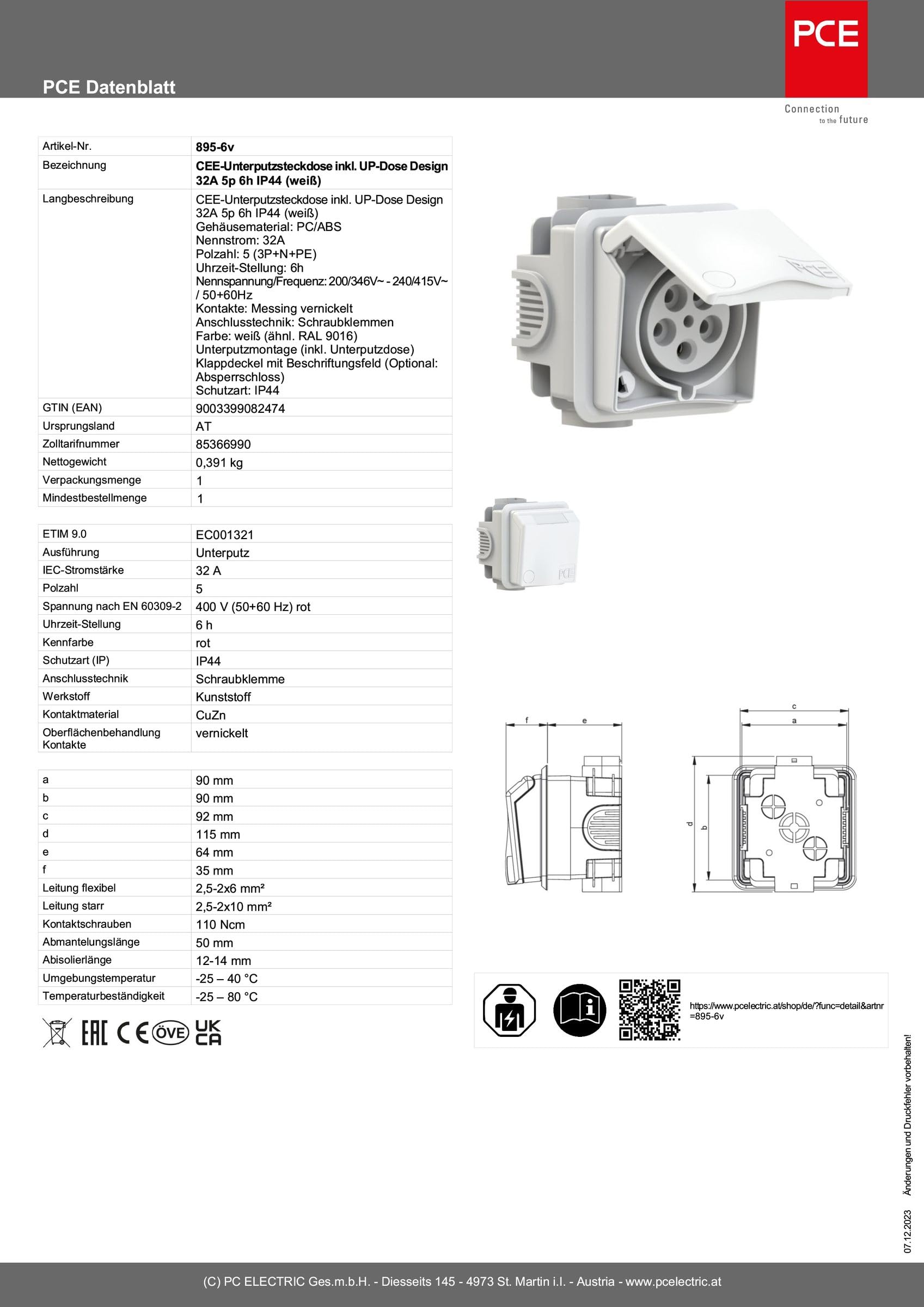 PC Electric PCE8956 V CEE Up Steckdose IP44, 5 x 32 m