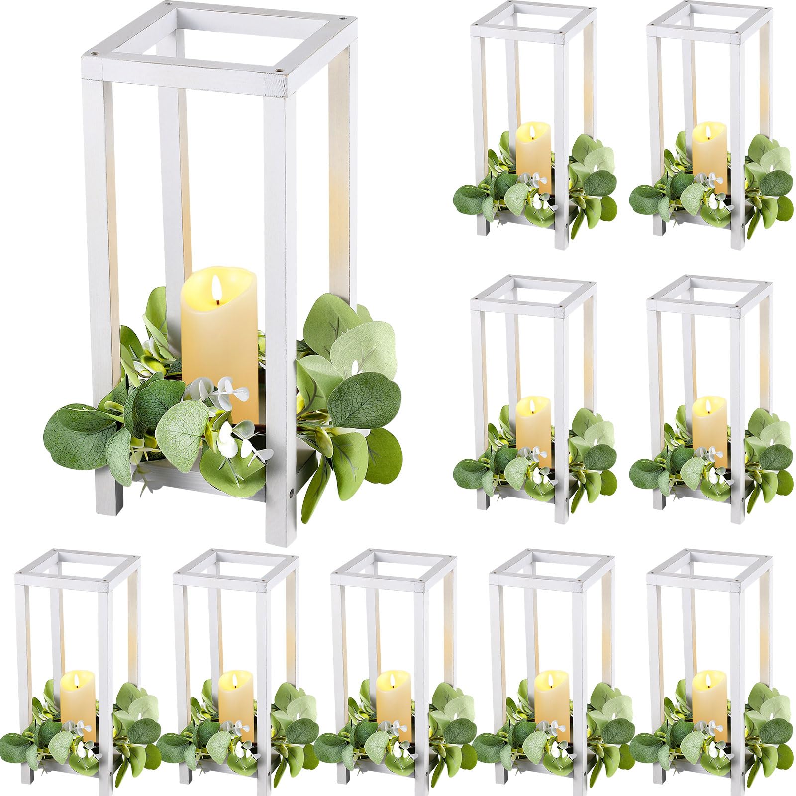 Geelin 10 Pcs Wooden Candle Lantern Wedding Lantern Centerpiece Lantern Candle Holder for Table Fireplace Lantern Decorative Farmhouse Candle Lantern for Wedding Baby Shower(White, 13 in)