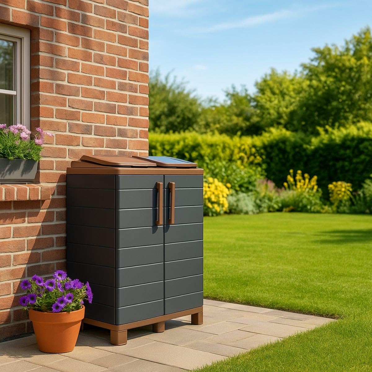 Art Plast - Abri Poubelles 2 Sacs Gris & Marron - Armoire Cache Poubelle de Tri Sélectif 68 x 37 x 90 cm Terrasse, Restaurant