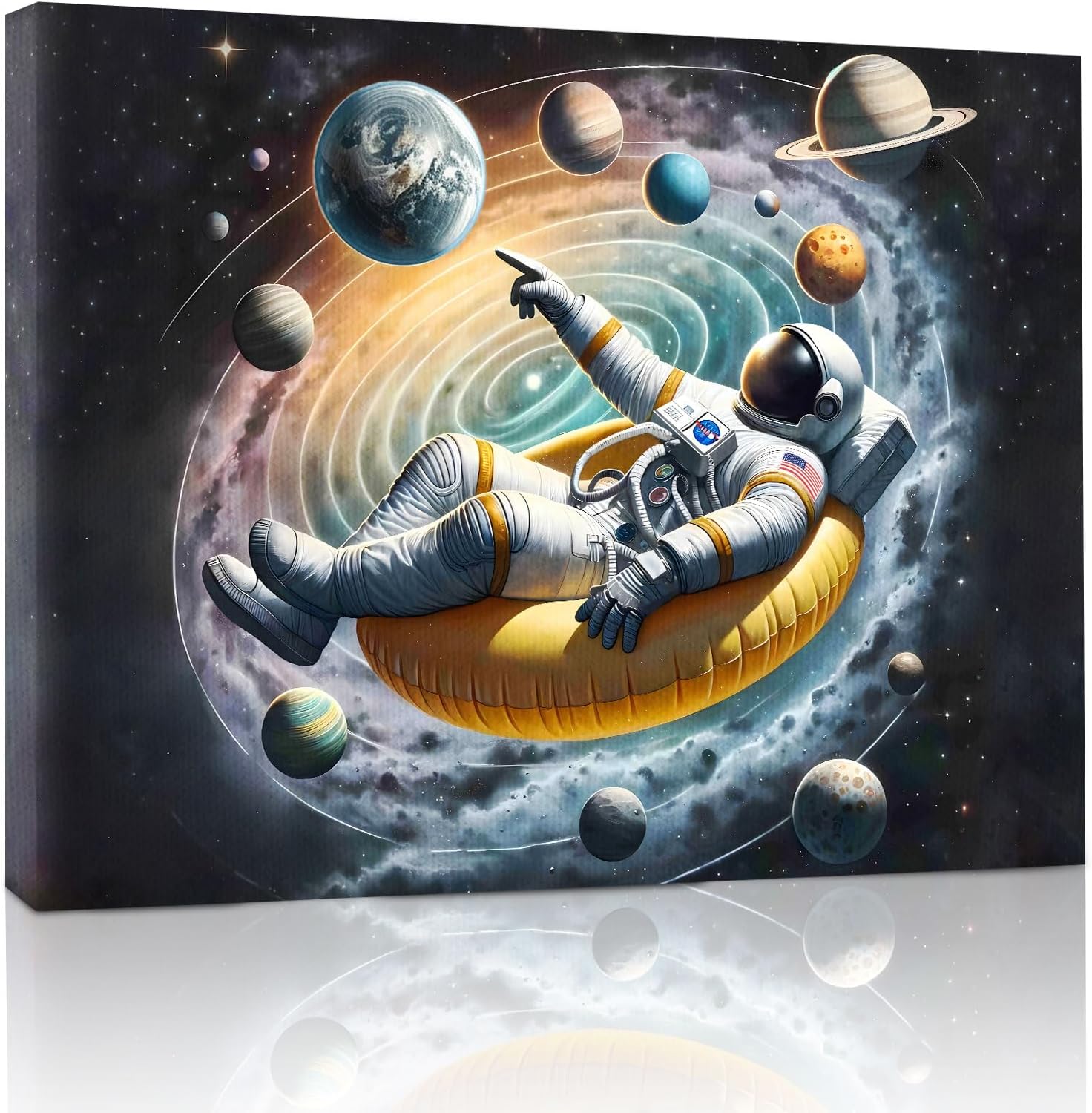 sosolong planet astronaut canvas wall art,outer space wall decor for boys bedroom living room 1 (astronaut-swimming ring, 24 in*18 in)