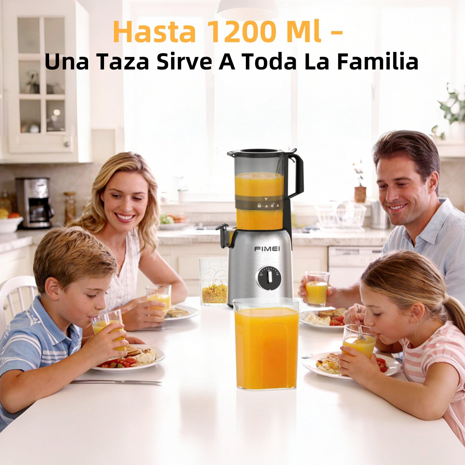 FIMEI Extractor de Zumos y Verduras, Licuadora Prensado en Frio para Verduras Frutas Enteras con Apertura de 135 MM, Fácil Montaje y Limpieza, Extractor de Jugo Incluye 2 Vasos, Sin BPA, Base inox