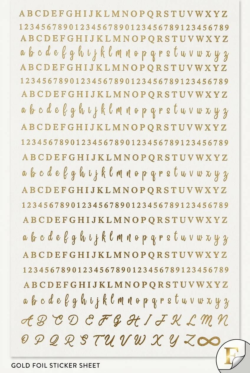 JB Golden Embossed Alphabet & Number Resin Sheet – A5 Size | Uppercase, Lowercase Letters & Digits in Stylish Fonts | Premium Foil Stickers for Resin Art-image-33