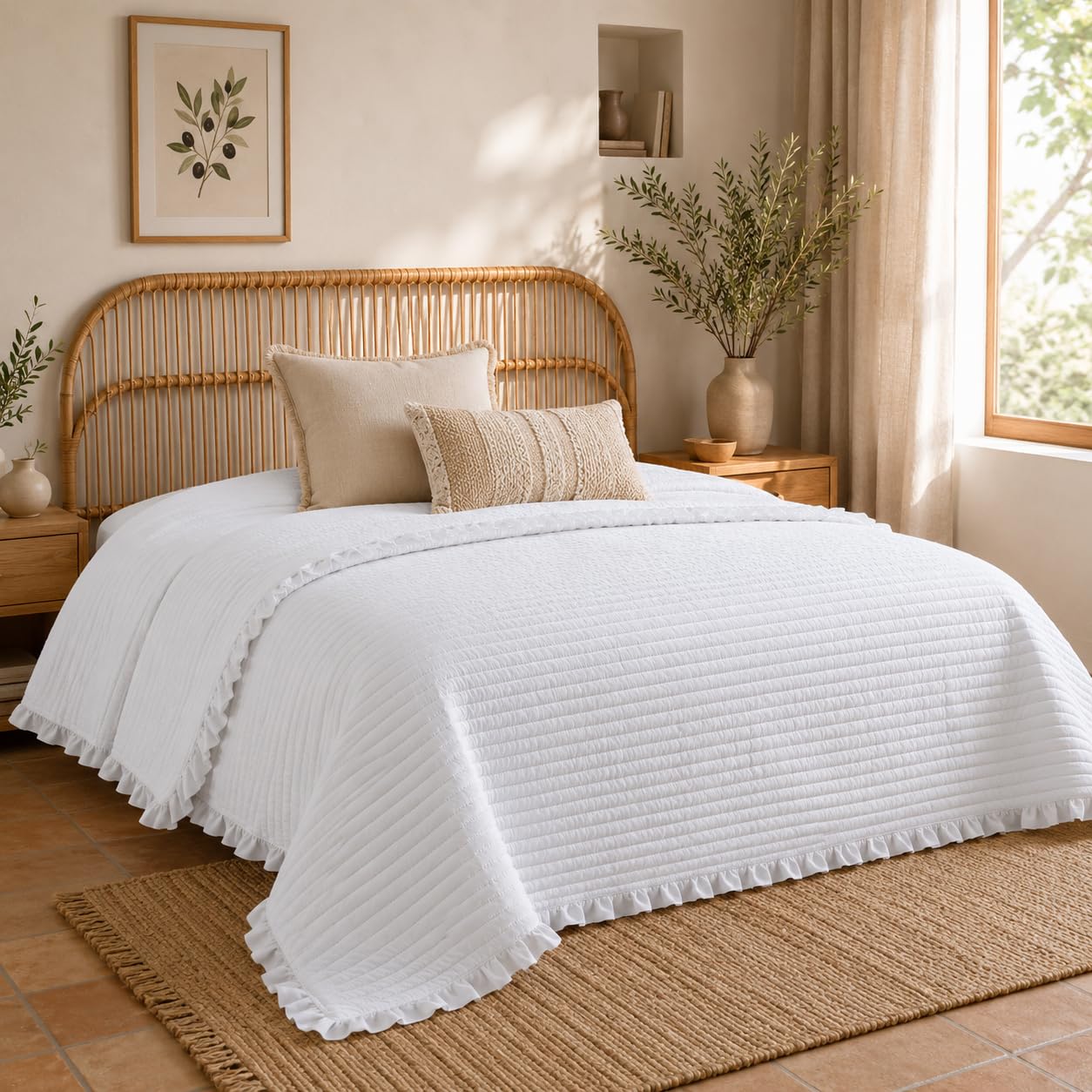 HaraDeco Cubrecama Blanco Reversible 300x260 cm para Cama 200 – Colcha Fina de Verano con Diseño de Volantes Elegantes, Ligera, Suave y Fácil de Lavar, Sin Funda de Almohada