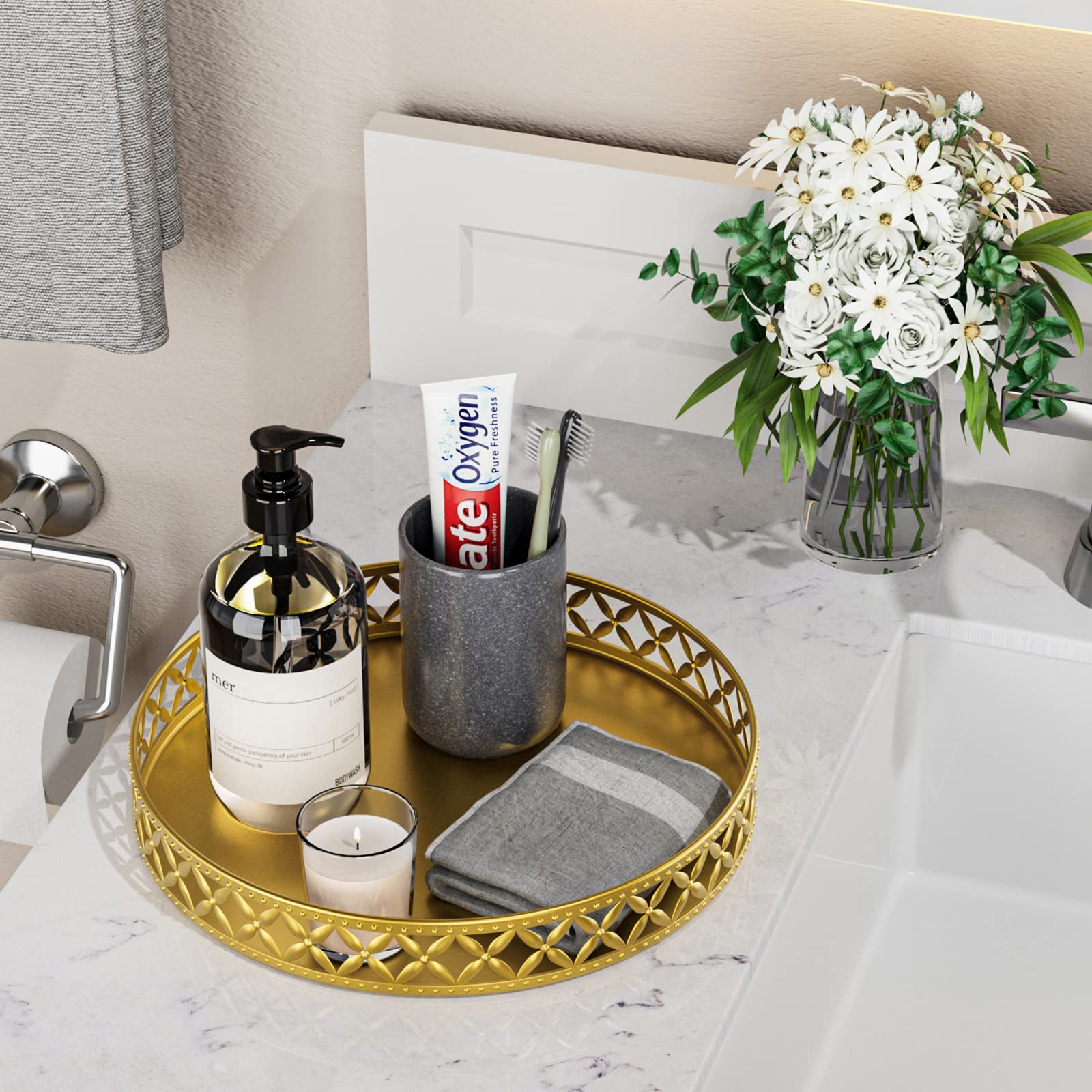 EKNITEY Bathroom Counter Vanity Tray - Perfume Makeup Tray for Dresser Tops Gold Round Serving Tray Candle Decorative Storage Tray for Home Decor 11"