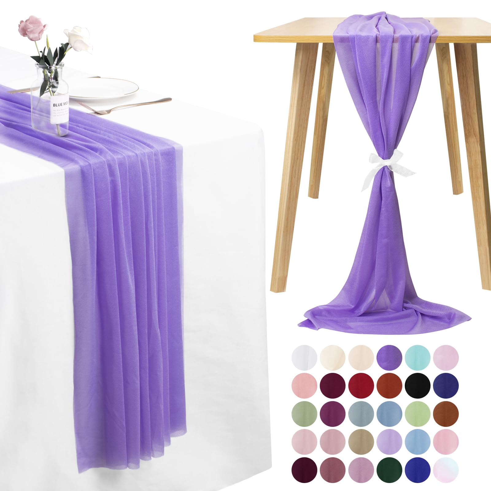 LEREATI 3 Pack Cheesecloth Table Runner Purple Chiffon Table Runner 75cm x 400cm Gauze Sheer Table Runner Tulle Cheese Cloth Tablerunner for Party, Wedding, Christmas, Shower Decorations