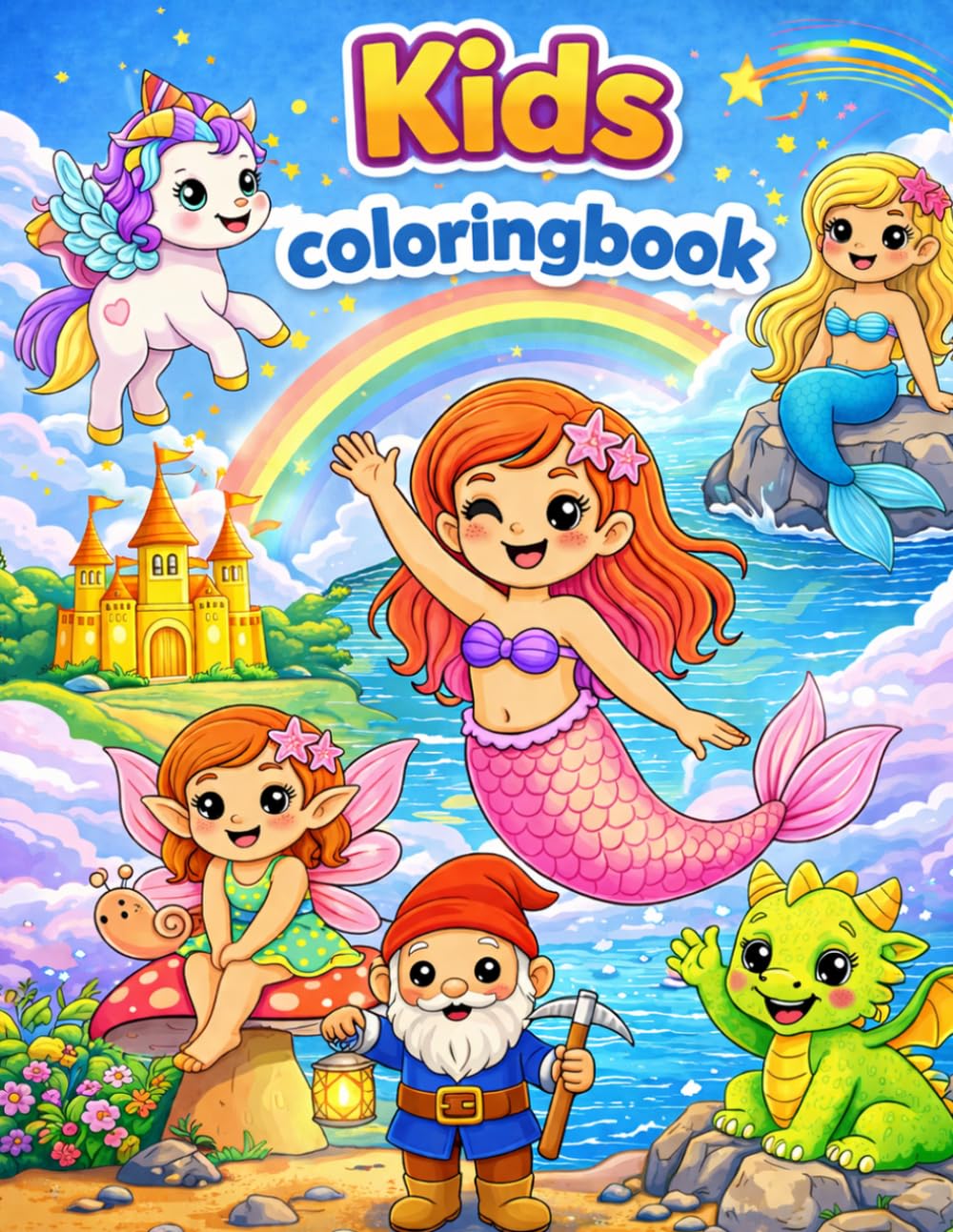 Kids coloring book: 50 fun illustrations of Mermaids, Fairies, Dwarves, Dragons, Unicorns