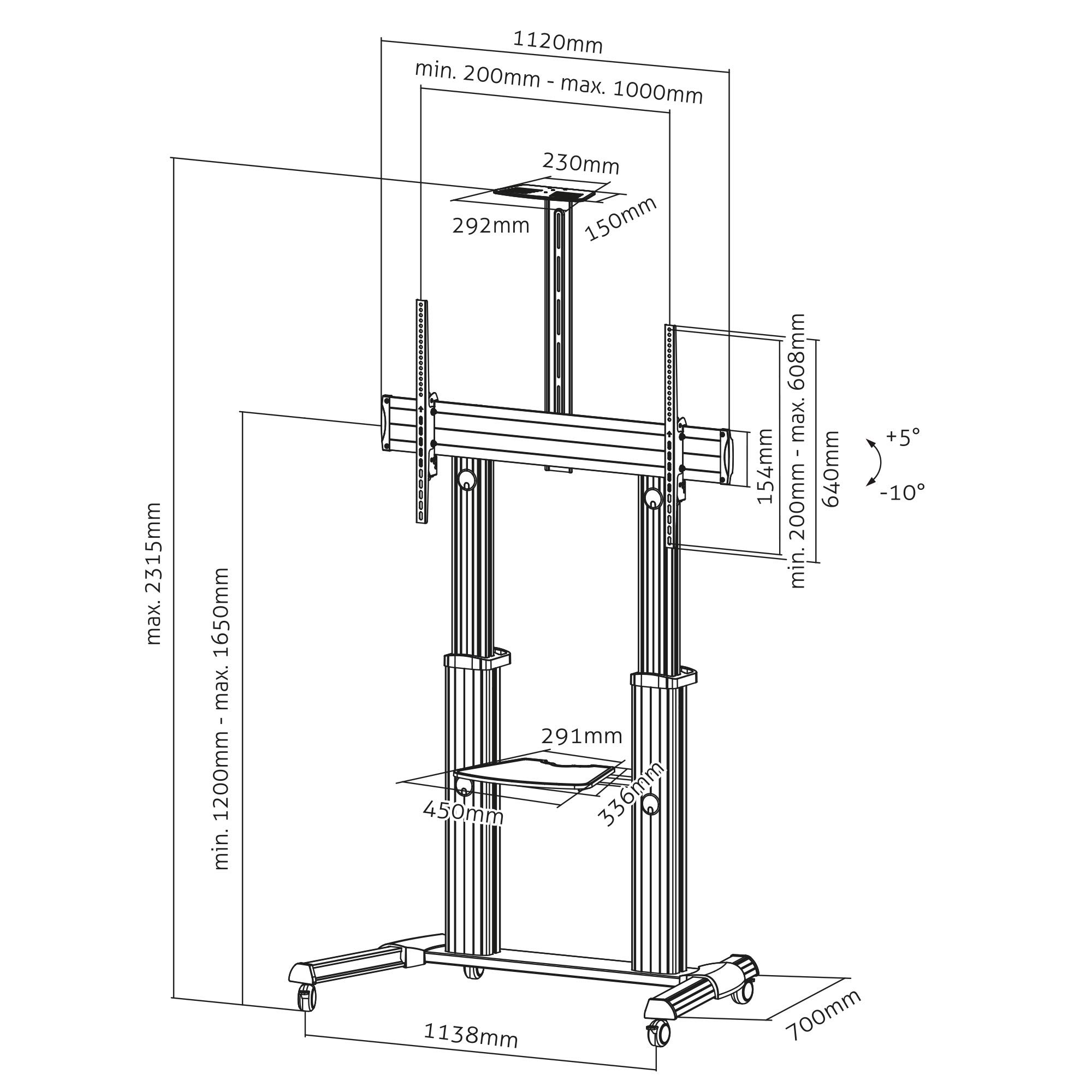 conecto TV Ständer Standfuß rollbar 55-100 Zoll für viele Fernseher/Monitore I Mit Rollen höhenverstellbar/schwenkbar I Modell LM-FS03G