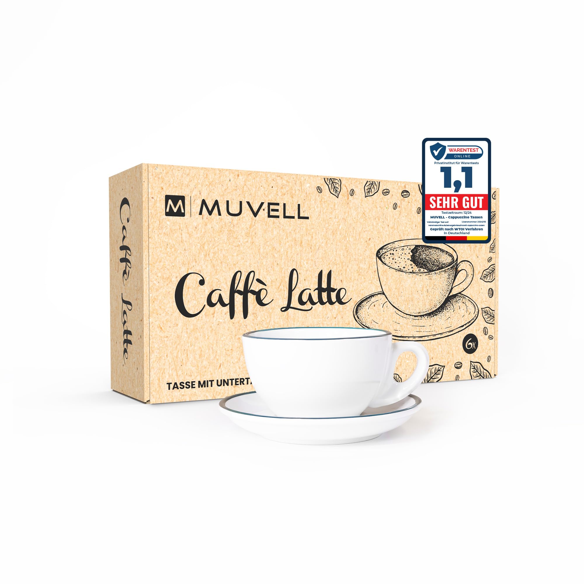 Muvell 6x Milchkaffeetassen | Weiß - Grün | Italian Style | dickwandig & schwer | spülmaschinenfest | Caffé Latte Set mit Untertassen - Geschenkset