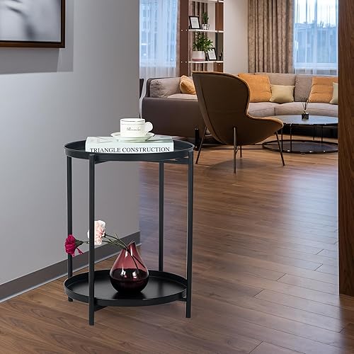 Miniatura 7 de Joveco Mesa auxiliar redonda pequeña, mesa auxiliar plegable de metal de 2 niveles con bandeja extraíble, mesita de noche moderna para sala de estar