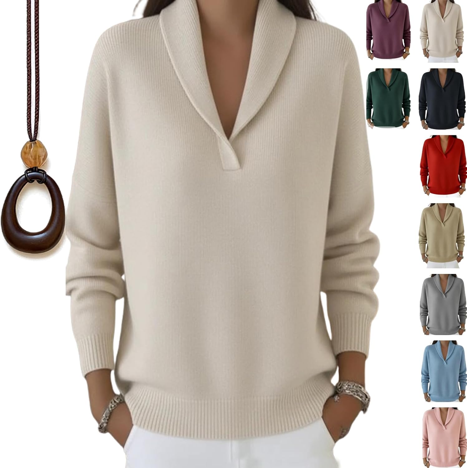 2026 Retro Elegant 80s Shawl Collar Solid Color Sweater Top Womens Long Sleeve Knit Sweaters Casual Winter Pullover