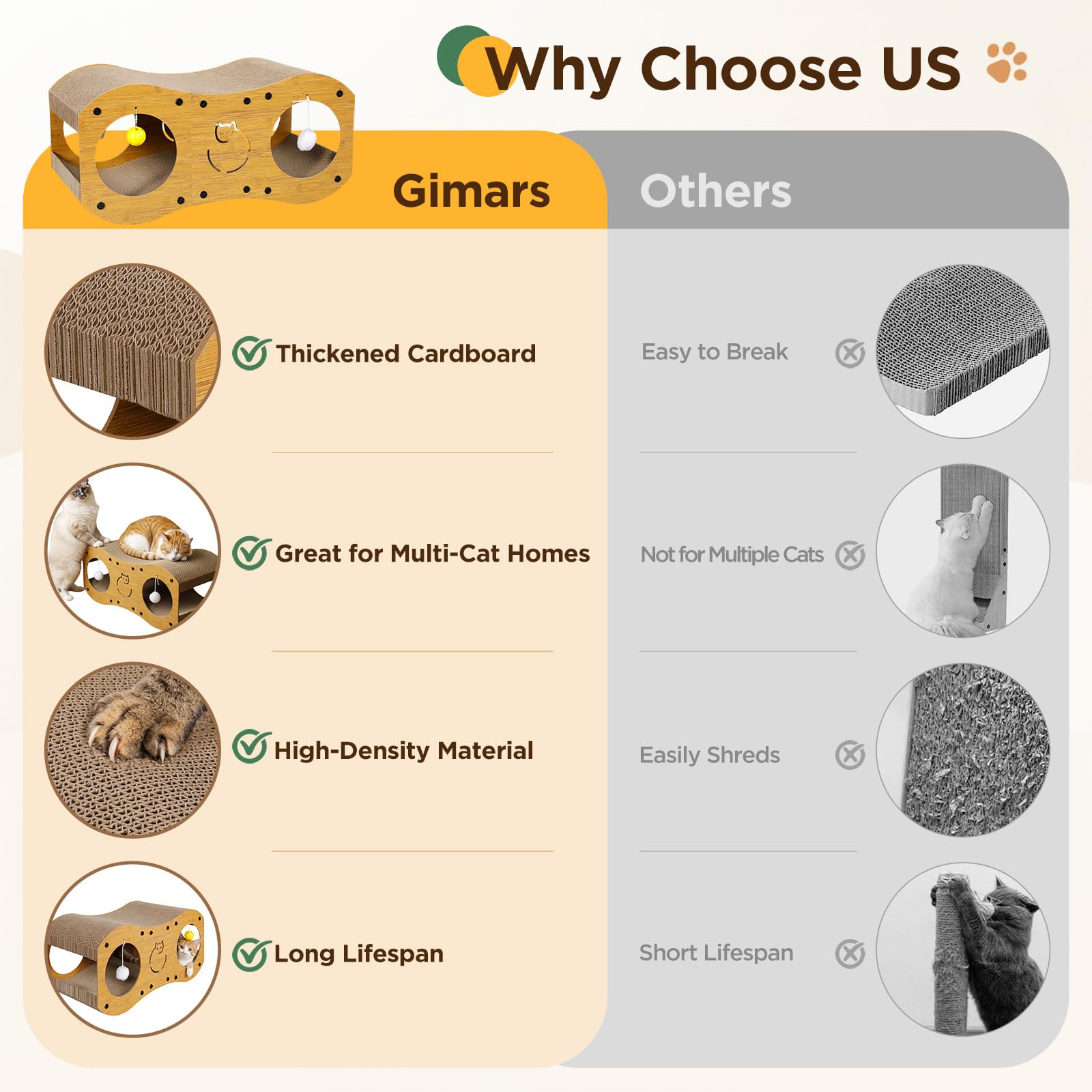 Gimars Rascador para Gatos 3 en 1 con Túnel, Rascador de Cartón para Gatos con Pelotas, Protección de Muebles, Estilo Madera, Natural