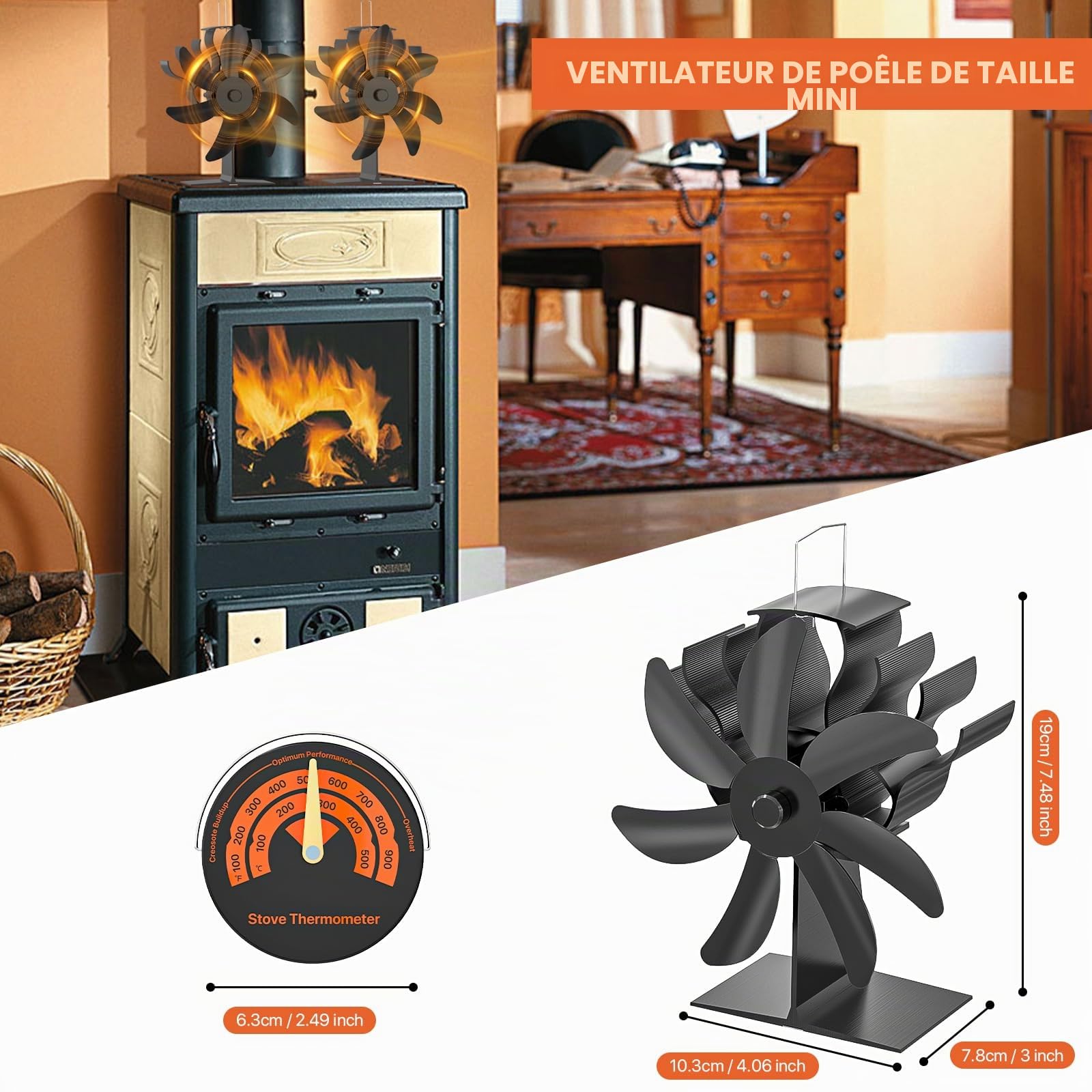 Ventilateur Poele à Bois 7 Pales, Cheminée Avec Thermomètre, Écologique, Répartition Efficace de La Chaleur Pour Brûleurs à Bois et Cheminées