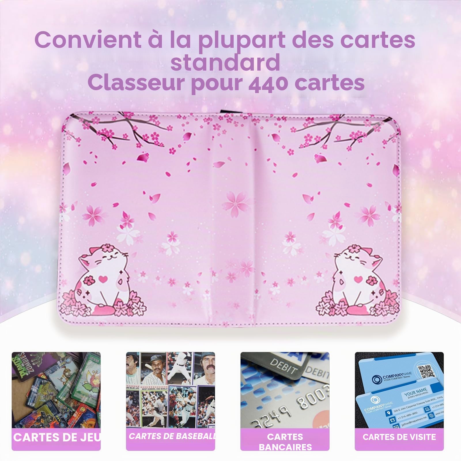 CLOKORIA Classeur pour Filles - Porte Cartes Avec 440 Emplacements, 55 Pages - Organisateur de Cartes TCG et Sport, Album à Collectionner Rose (Chat)