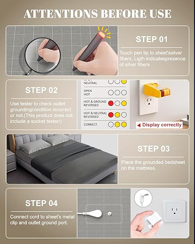 Miniatura 7 de Grounding Sheet Queen, 95% algodón y 5% fibra plateada, sábanas de tierra agradables al tacto con cable de tierra, kit de conexión a tierra para un