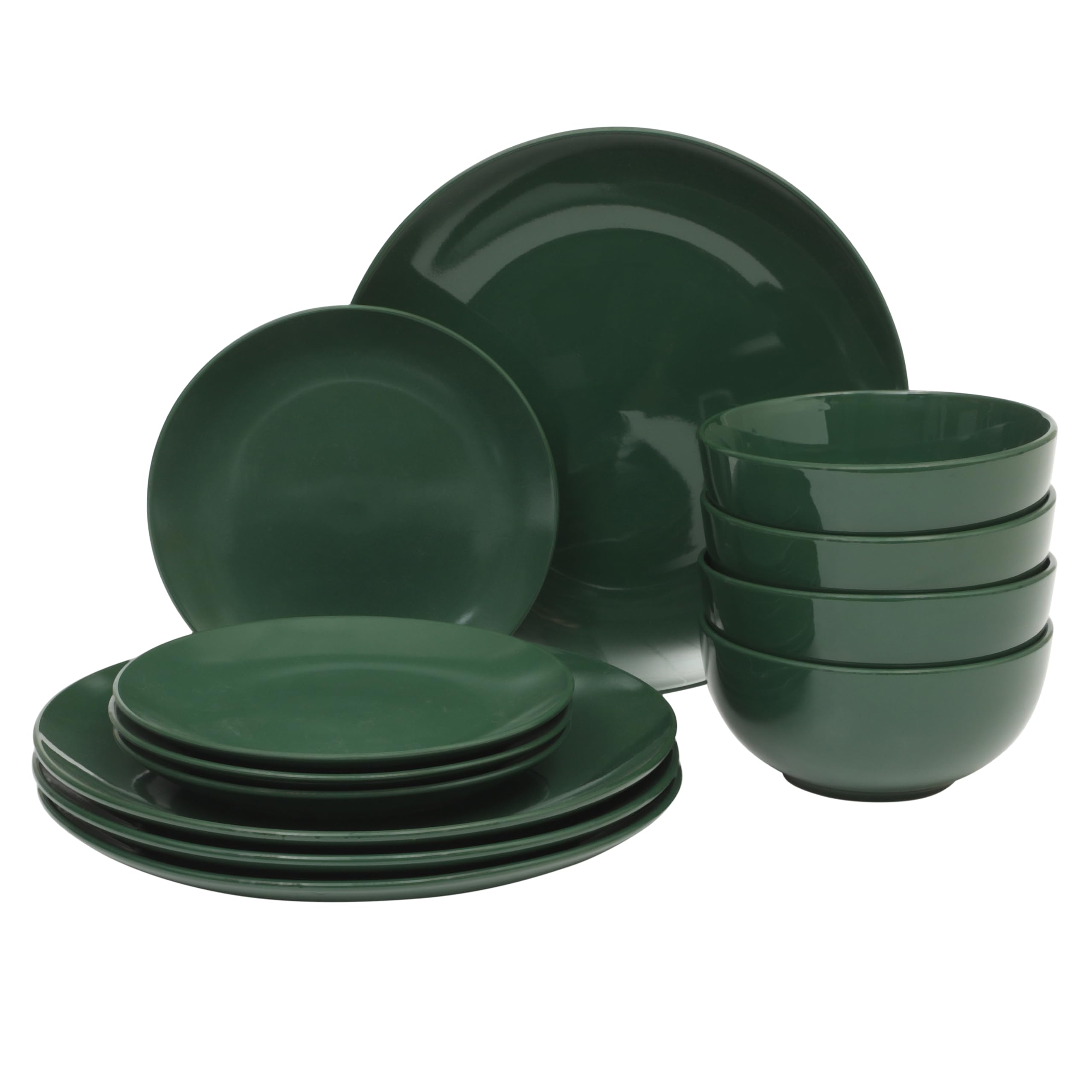 Gibson Home Simple Essential (Service for 4) 12 Piece Plates and Bowls Porcelain Solid Color Dishes Ceramic Dinnerware Set - Hunter Green