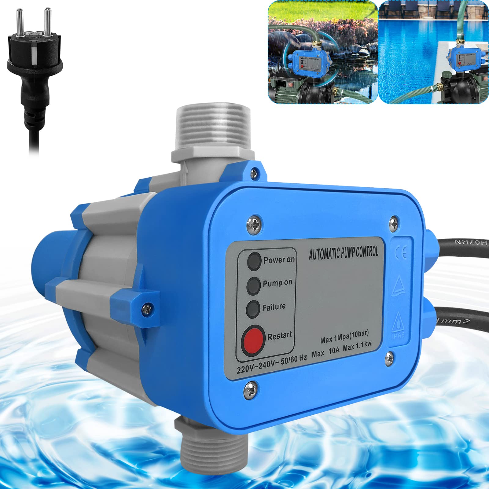 Aufun Interrupteur à pression électronique avec câble, contrôle de la pompe max. 10 bar, régulateur de pression, contrôle automatique de la pompe avec prise pour système d'eau domestique