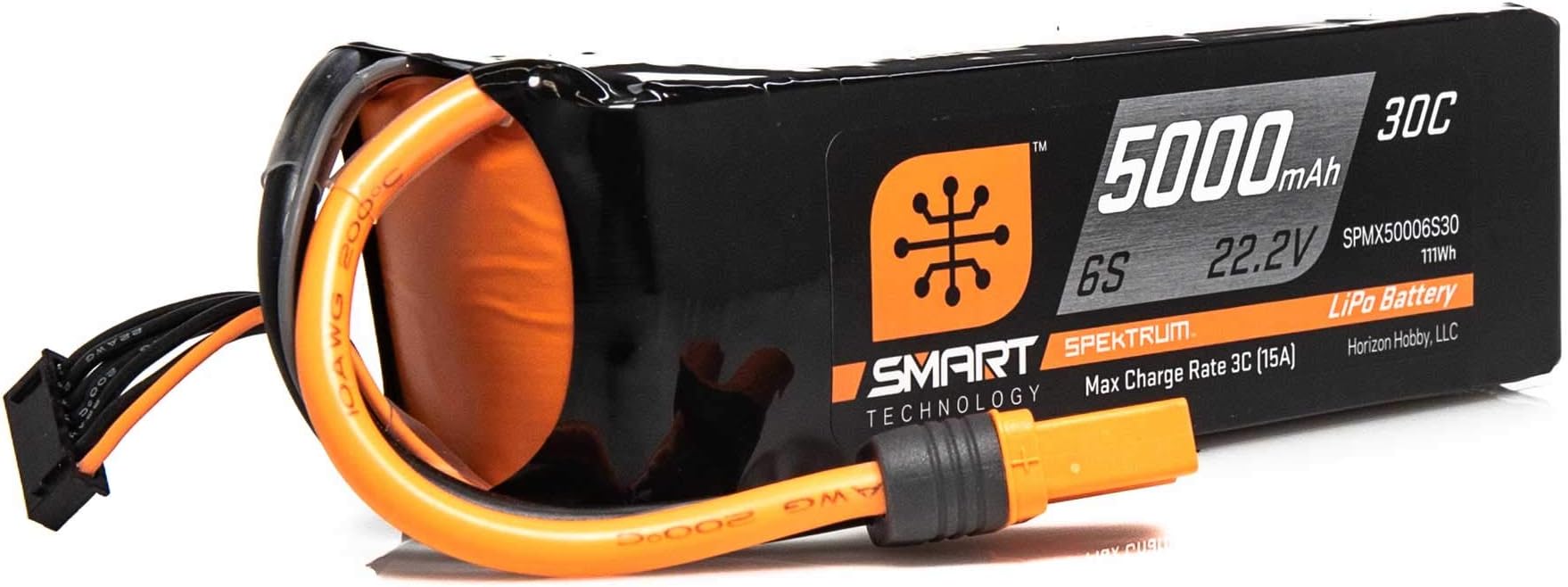 Spektrum Smart RC LiPo Battery Pack: 5000mAh 6S 22.2V 30C with IC5 Connector (EC5 Compatible), SPMX50006S30, Black
