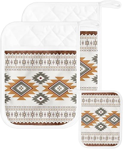 Miniatura 8 de Paquete de 5 soportes para ollas de bolsillo, almohadillas calientes geométricas del suroeste para cocina, aislantes de calor, color beige