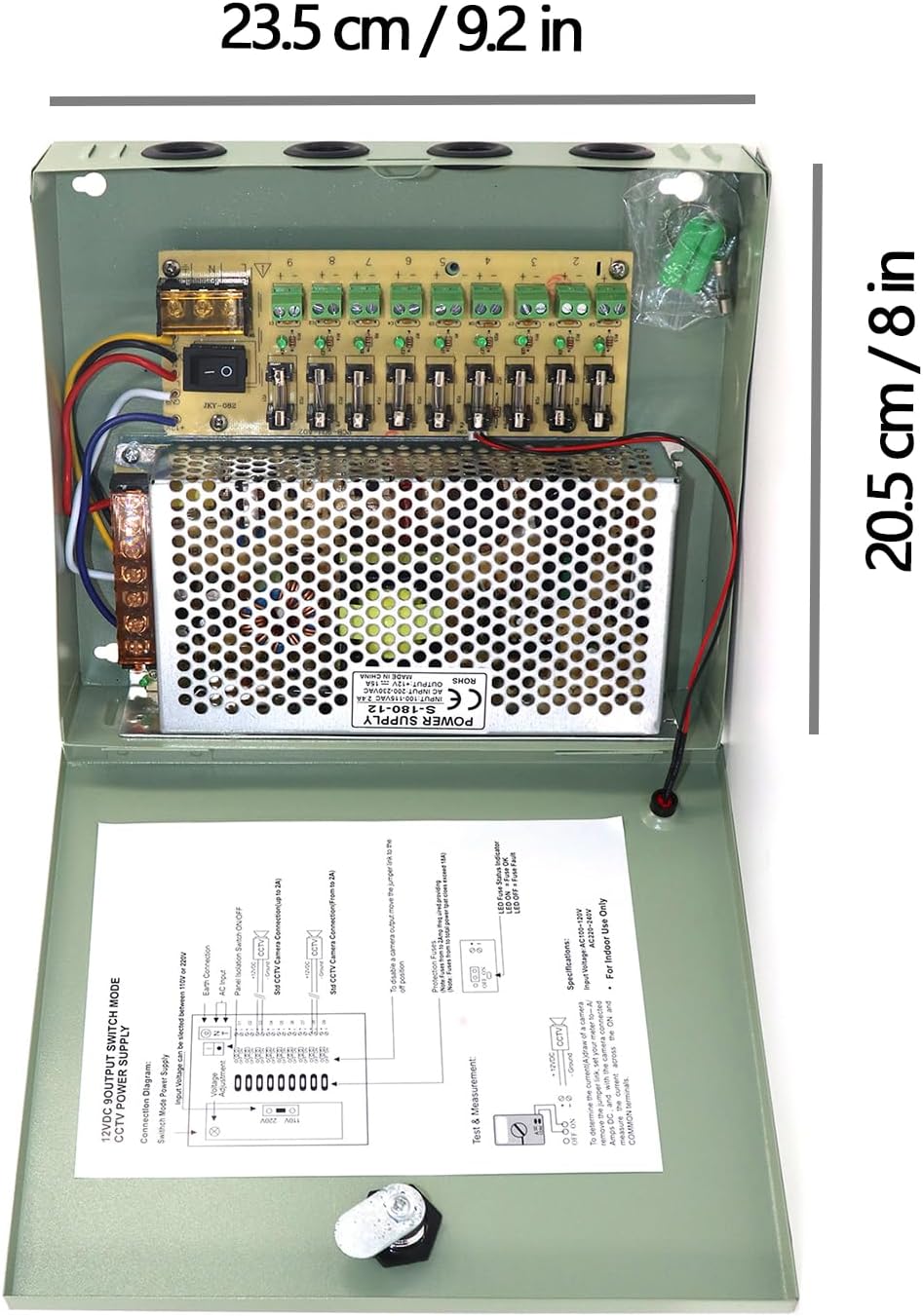 9 Output Channel CCTV Glass Fuse Distributed Power Supply Box for Security Camera DC 12V 10A w/Key Lock