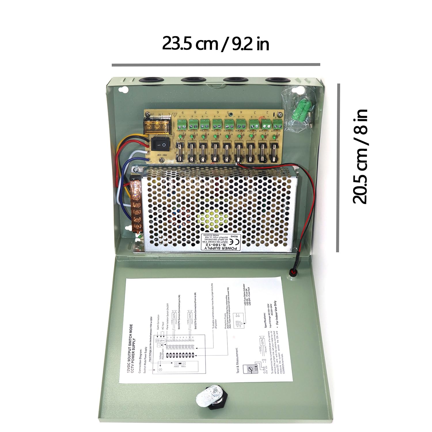 AOMUCH 9 Output Channel CCTV Glass Fuse Distributed Power Supply Box for Security Camera DC 12V 10A w/Key Lock