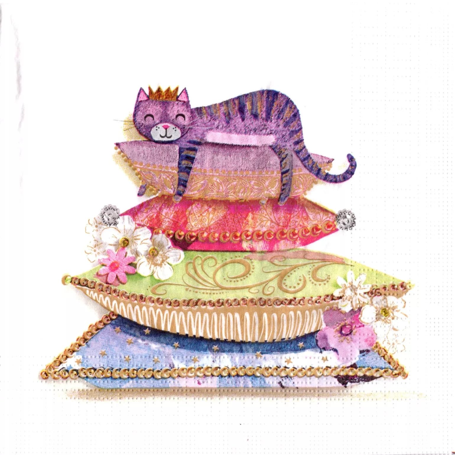 Set of 2 Individual Decoupage Paper Party Napkin Princess Cat Kitten Watercolor Decor Luncheon Napkins for a Birthday Holiday, Wedding, Cocktail Party