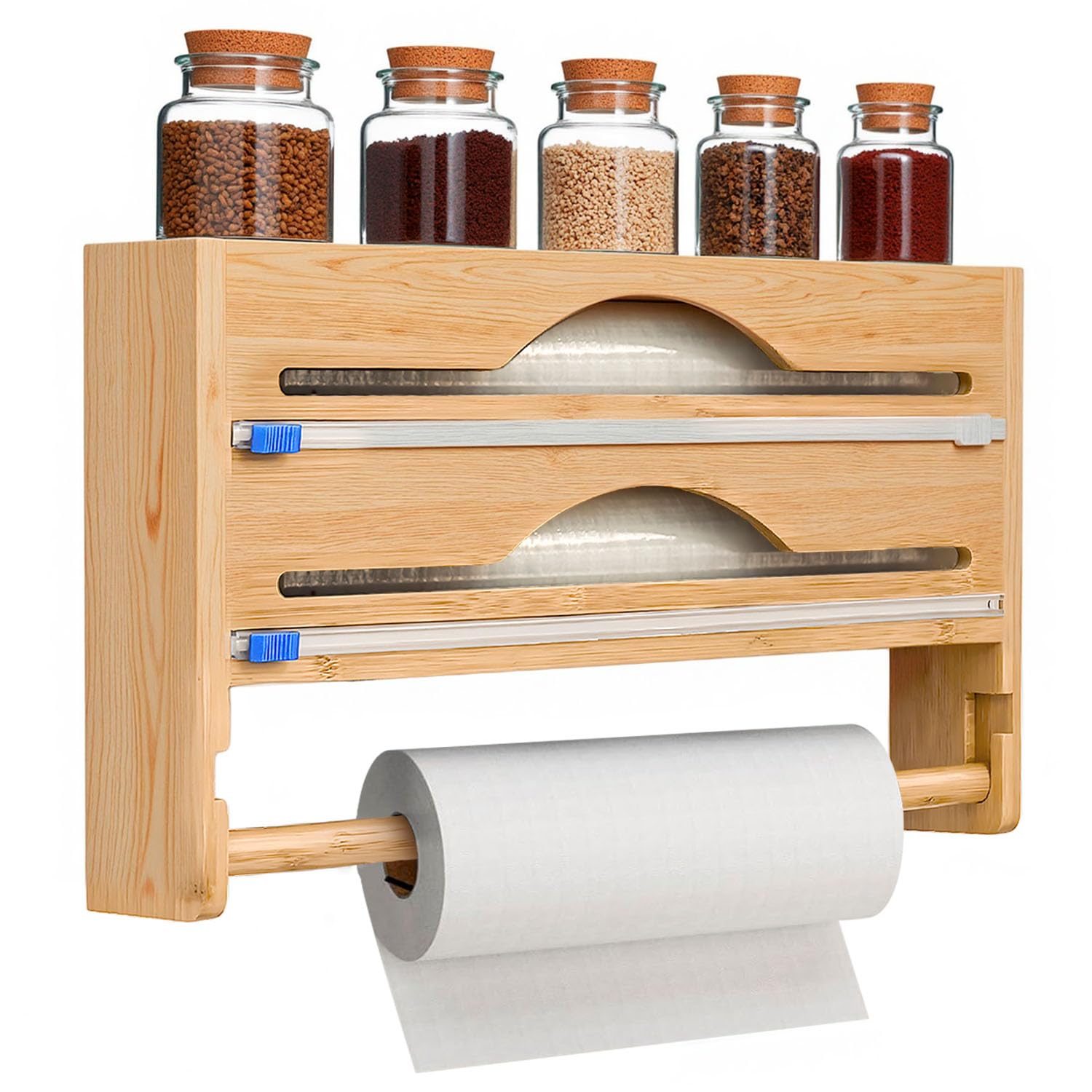 4-in-1 Natural Foil & Cling Film Dispenser Paper Towel Holder Roll Organiser