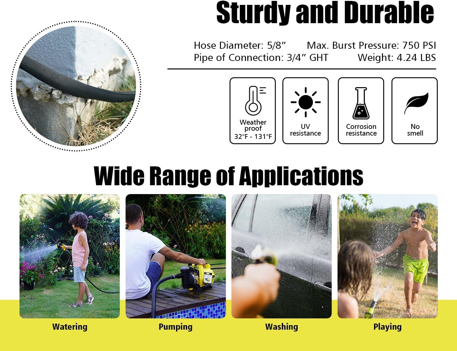 Garden Hose 50FT x 5/8” Flexible Lightweight Garden Flat Water Pipe with 3/4”Solid Fittings for Watering Flowers/Lawns Car Wash Pet Washing