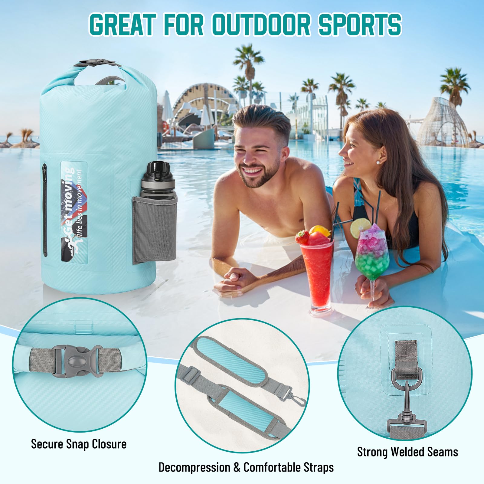 Dry Bag wasserdichte Tasche 20L Leicht RollTop Wasserdichter Rucksack Outdoor Groß Wasserfester Packsack Seesack mit Schultergurt für Kajak Rafting Schwimmen Baden Angeln