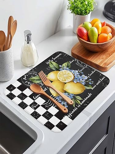 Miniatura 3 de Tapete de secado de platos de limón tropical de verano para encimera de cocina, búfalo a cuadros de microfibra absorbente de color negro y blanco,