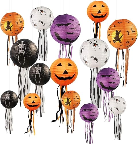 15 faroles de papel de calabaza de Halloween con bigotes, faroles de calabaza de esqueleto de murciélago de araña para fiesta de Halloween, bodas,